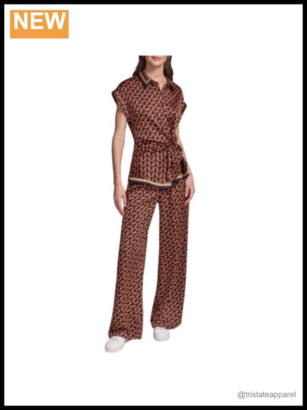Karl Lagerfeld Short Sleeve Chain Wave Print Side Tie Blouse